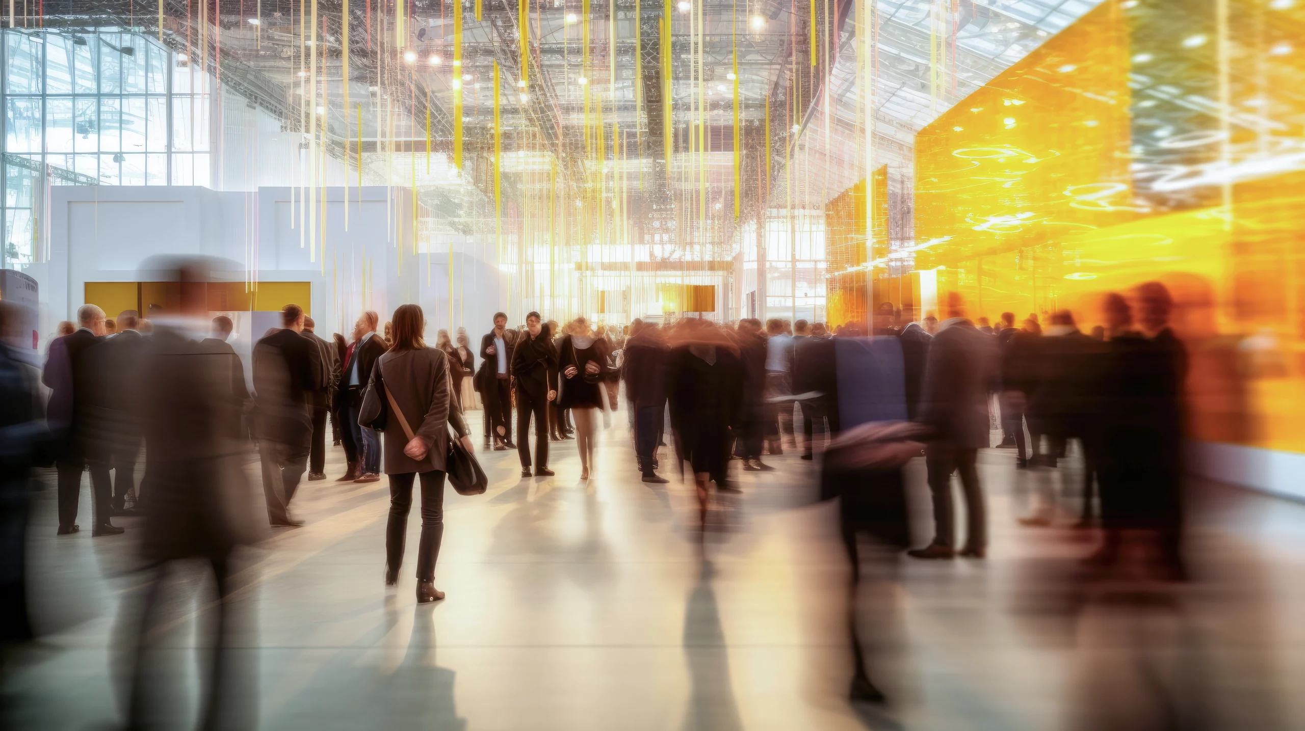 Un hall d'exposition rempli de monde.